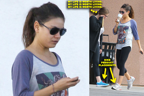 'The Angriest Man In Brooklyn' actress Mila Kunis leaving a yoga class and stopping at Starbucks for a coffee in Studio City