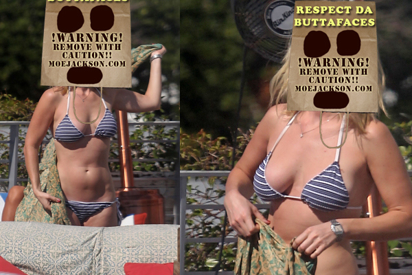 English actress Alice Eve shows off her curves in a tiny striped bikini, as she catches some rays poolside in Miami