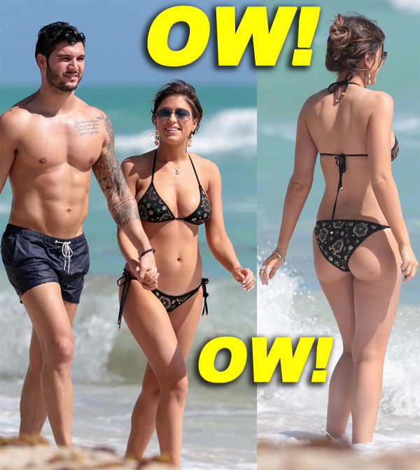 VH1 host Chloe Melas and her fiance Brian Mazza have a romantic morning on the beach in Miami