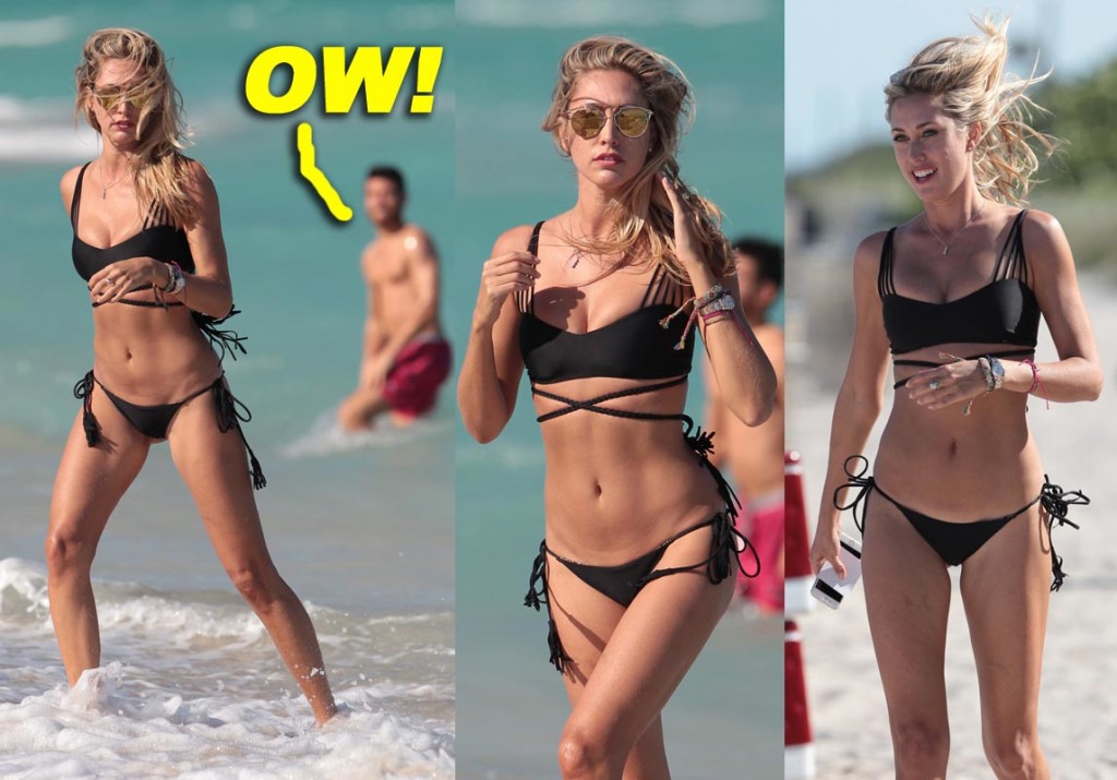 Model and former reality star Lauren Stoner shows off her toned abs in a tiny black thong bikini on Miami Beach
