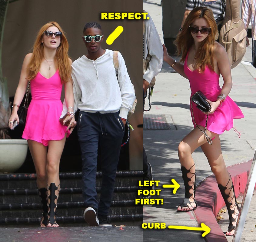 EXCLUSIVE: Bella Thorne looks fashionable as she dresses a combo of pink short dress and black high ankle foot wear, leaving Chateau Marmont with friends in West Hollywood