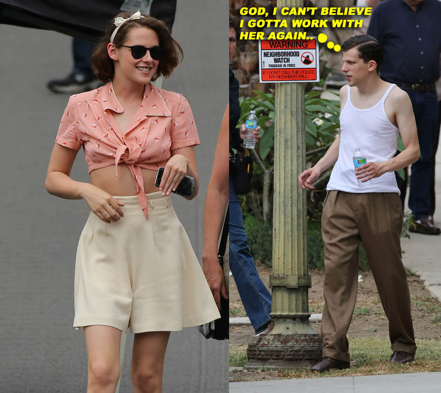 Kristen Stewart and Jesse Eisenberg film scenes for an Untitled Woody Allen Project in Los Angeles, CA