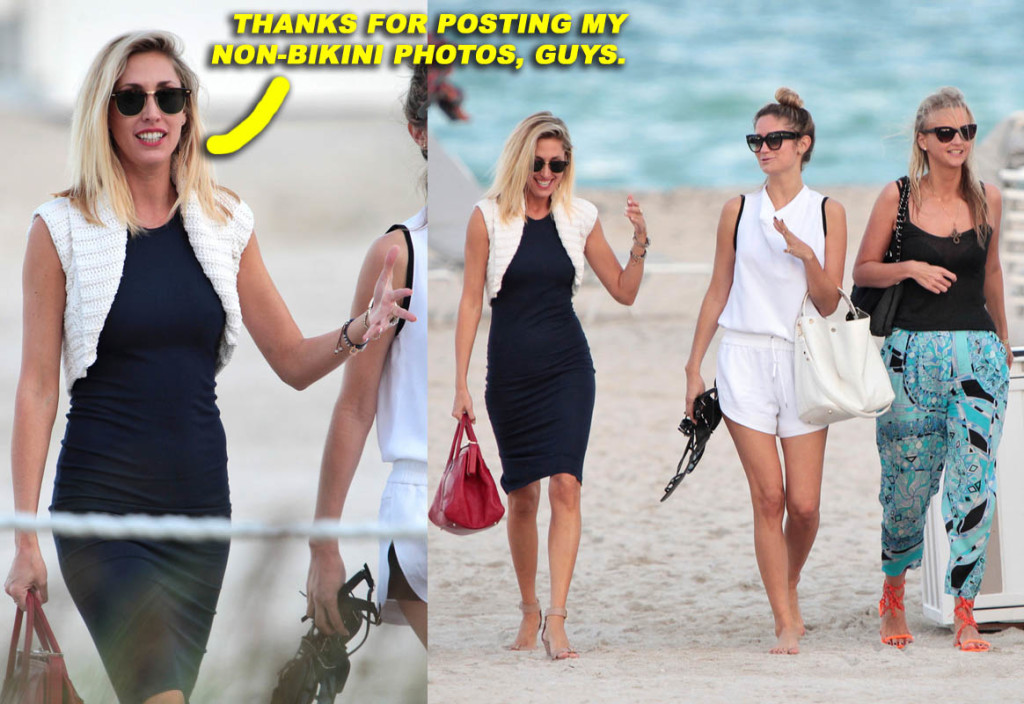 Model Lauren stoner seen walking down the beach with some friends wearing a blue dress in Miami