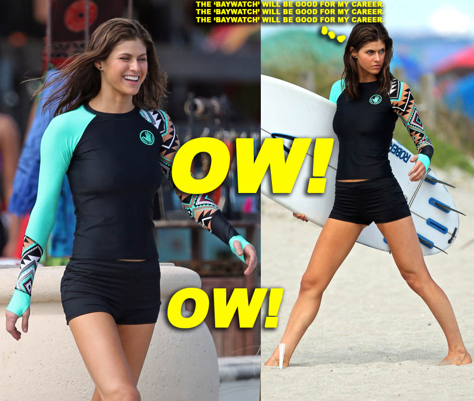 Alexandra Daddario wears a Body Glove wetsuit top and tiny shorts as she films her first scenes on the beach with a surfboard for 'Baywatch'