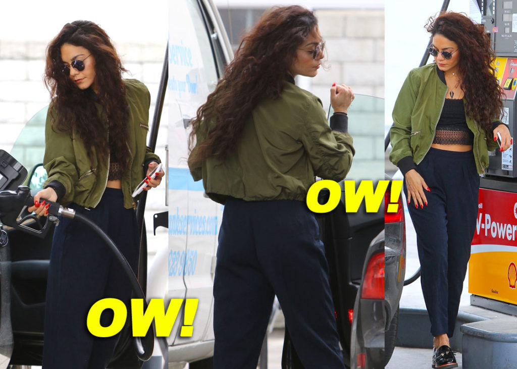 Vanessa Hudgens keeps a firm grip on her iPhone while she fills her car with gas