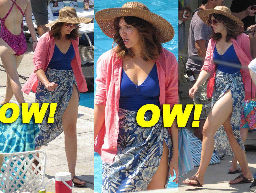EXCLUSIVE: Mandy Moore gets into character as a mother at a swimming pool on the set of her new show 'This Is Us'