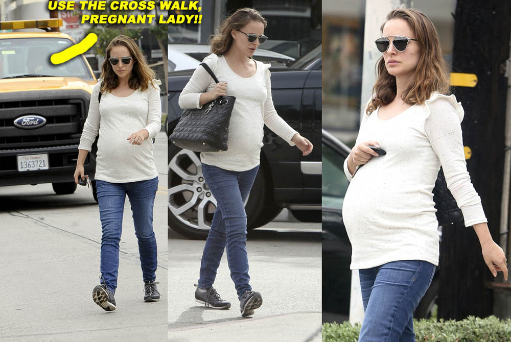 A heavily pregnant Natalie Portman shows off her baby bump as she is seen coming out of Gracias Madre restaurant after a lunch date