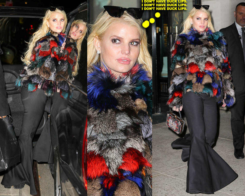 Jessica Simpson Sports Muiti-Colored Fur At Barney's In NYC